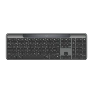 Logitech Signature Slim Solar K980 Business QWERTY grafite, vista superior: teclas completas, painel solar e teclado numérico