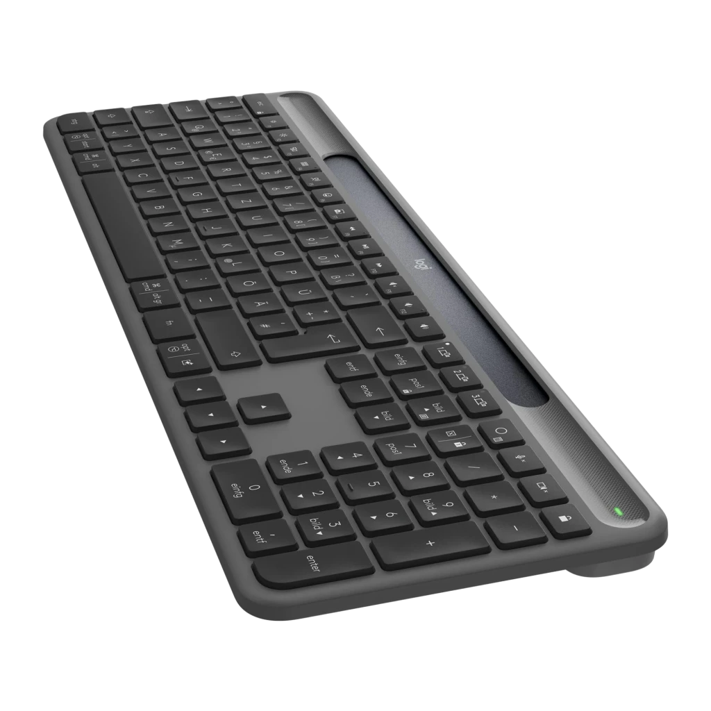 Logitech Signature Slim Solar K980 Business QWERTY grafite, vista superior: teclas completas, painel solar e teclado numérico - Item1