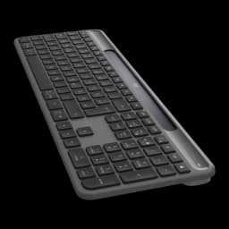 Logitech Signature Slim Solar K980 Business QWERTY grafito, vista en perspectiva: perfil delgado, panel solar lateral y LED