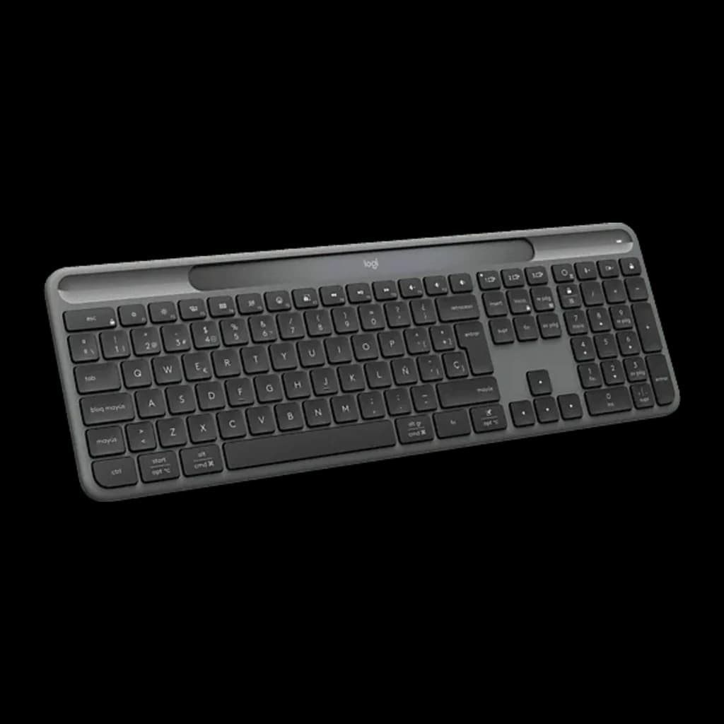 Logitech Teclado Signature Slim Solar K980 Grafito, vista diagonal: diseño QWERTY español, panel solar superior y teclas