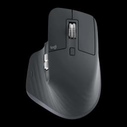 Logitech Rato MX Master 3S Grafite, vista lateral-superior: roda de deslocamento metálica, roda lateral e logo logi visíveis