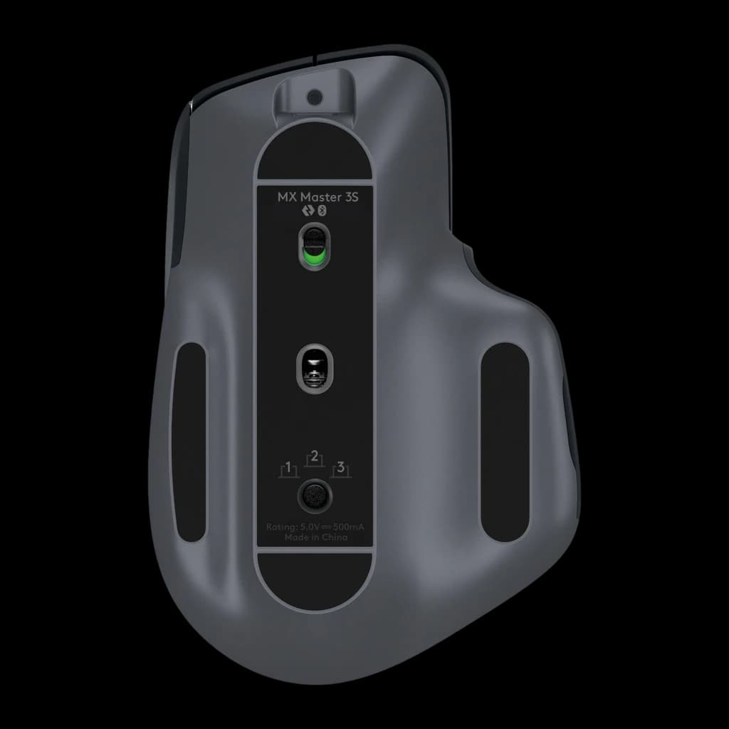 Logitech Rato MX Master 3S Grafite, vista inferior: sensor óptico verde, botão de conexão e seletor de dispositivos