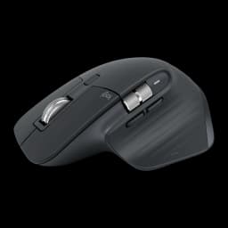 Logitech Rato MX Master 3S Grafite, vista lateral esquerda: roda MagSpeed metálica, roda de deslocamento horizontal e botões