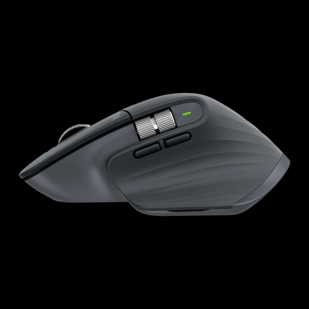 Logitech Rato MX Master 3S Grafite, vista lateral direita: roda MagSpeed metálica, botões superiores e LED verde visível