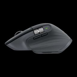 Logitech Rato MX Master 3S Grafite, vista lateral direita: roda MagSpeed metálica, botões superiores e LED verde visível