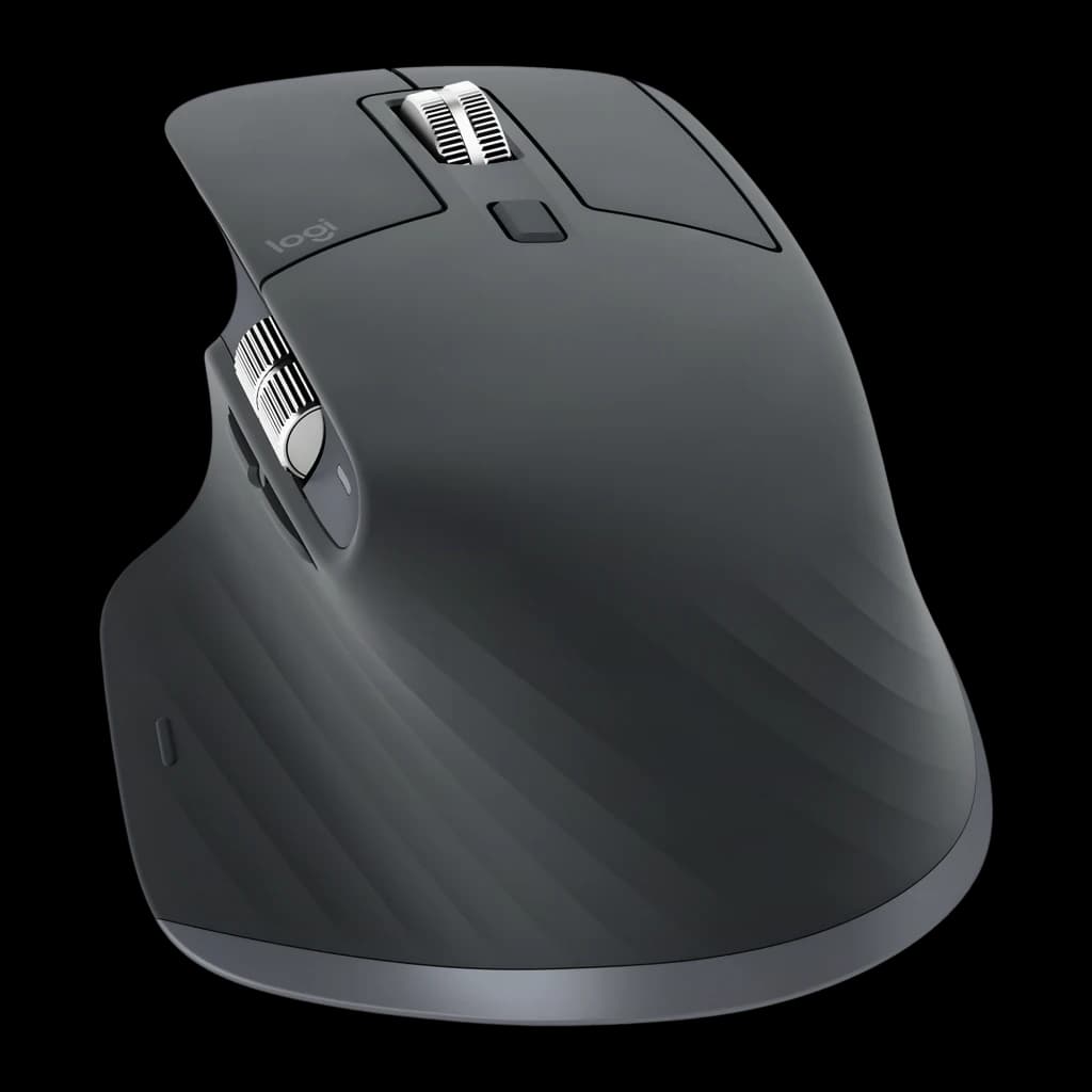 Logitech Rato MX Master 3S Grafite, vista superior lateral: roda MagSpeed, roda lateral e textura diagonal no corpo