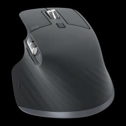 Logitech Rato MX Master 3S Grafite, vista superior lateral: roda MagSpeed, roda lateral e textura diagonal no corpo