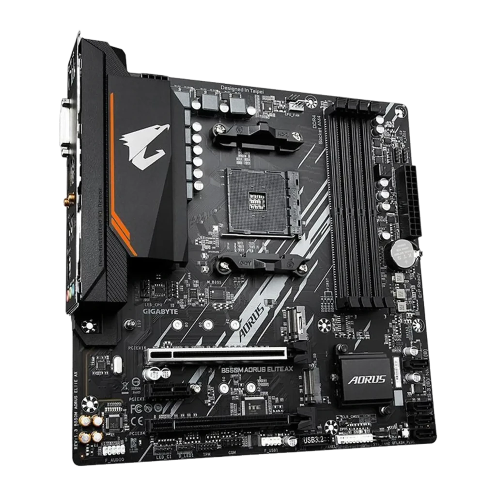 Gigabyte B550M AORUS Elite AX Castanho, kit completo: placa-mãe ao lado da caixa de venda com logo AORUS - Item1