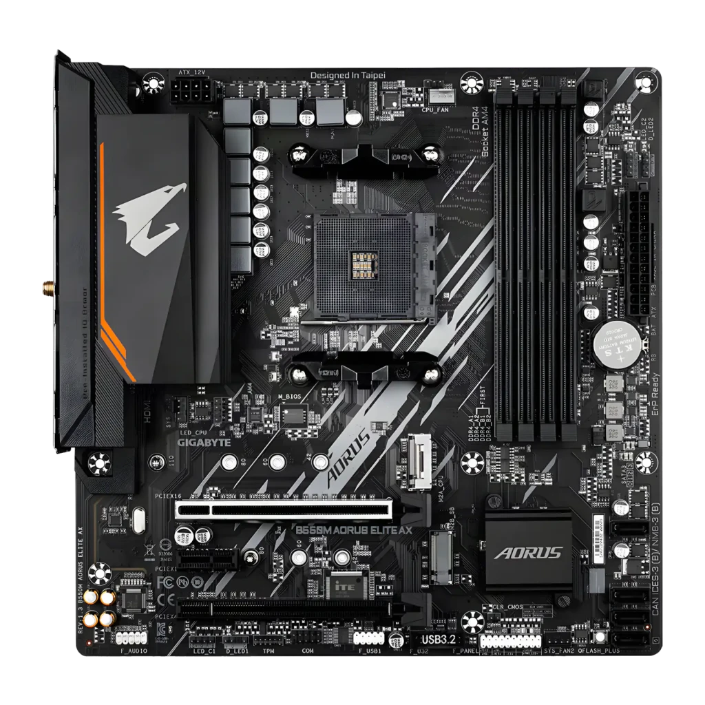 Gigabyte B550M AORUS Elite AX Castanho, kit completo: placa-mãe ao lado da caixa de venda com logo AORUS - Item3