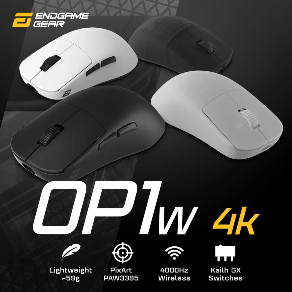 Endgame Gear OP1w 4K Wireless noir, promo: 4 variantes noir et blanc, caractéristiques PAW3395 4000Hz