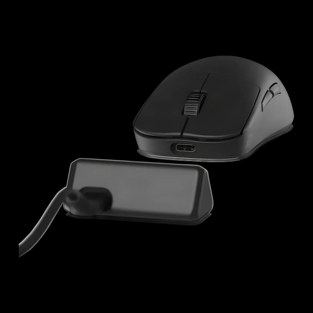 Endgame Gear OP1w 4K Wireless noir, vue latérale: souris avec port USB-C et station de charge avec câble