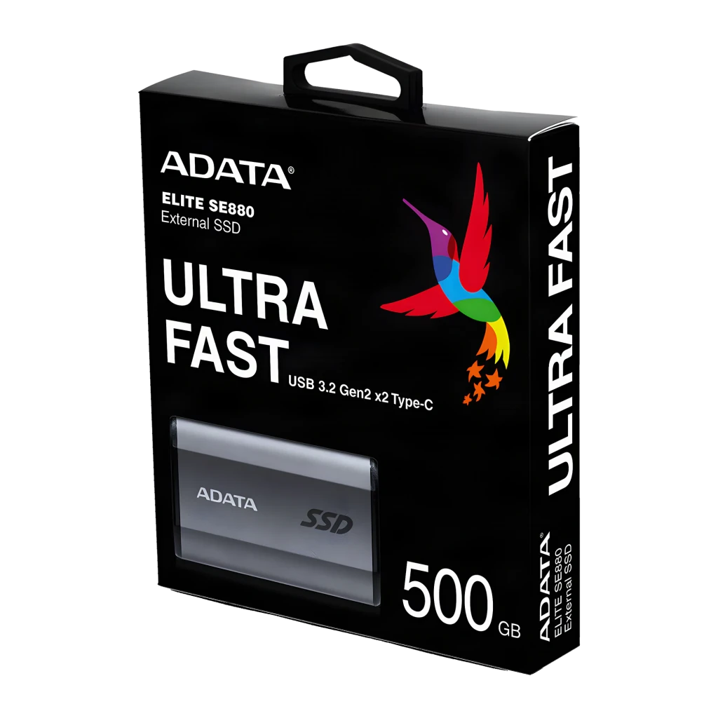 ADATA SE880 500GB gris, caja: packaging negro con SSD visible, texto Ultra Fast USB 3.2 Gen2 y colibrí