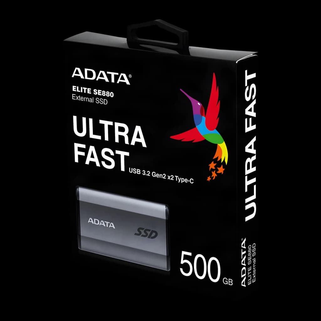 ADATA SE880 500GB gris, caja: packaging negro con SSD visible, texto Ultra Fast USB 3.2 Gen2 y colibrí
