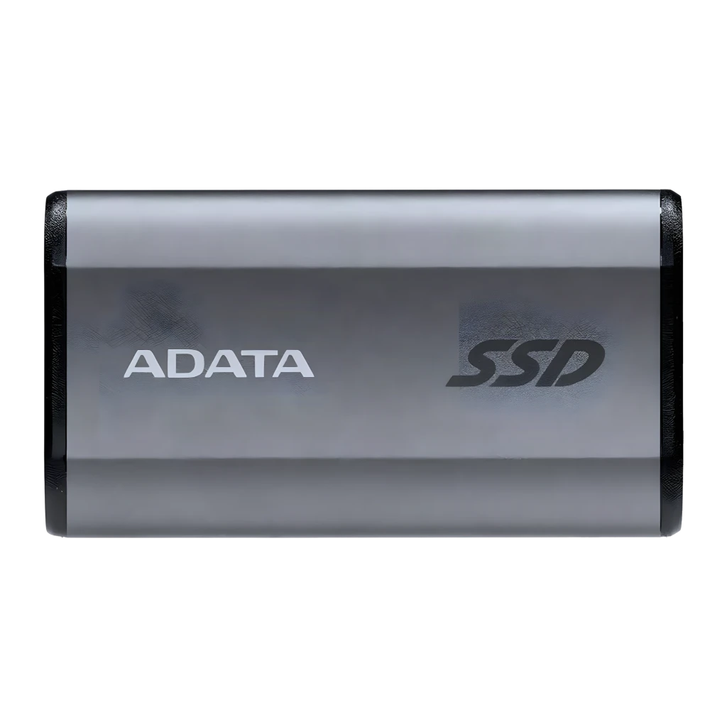 ADATA SE880 500GB gris, vista frontal: cuerpo aluminio con logo ADATA y texto SSD, esquinas negras