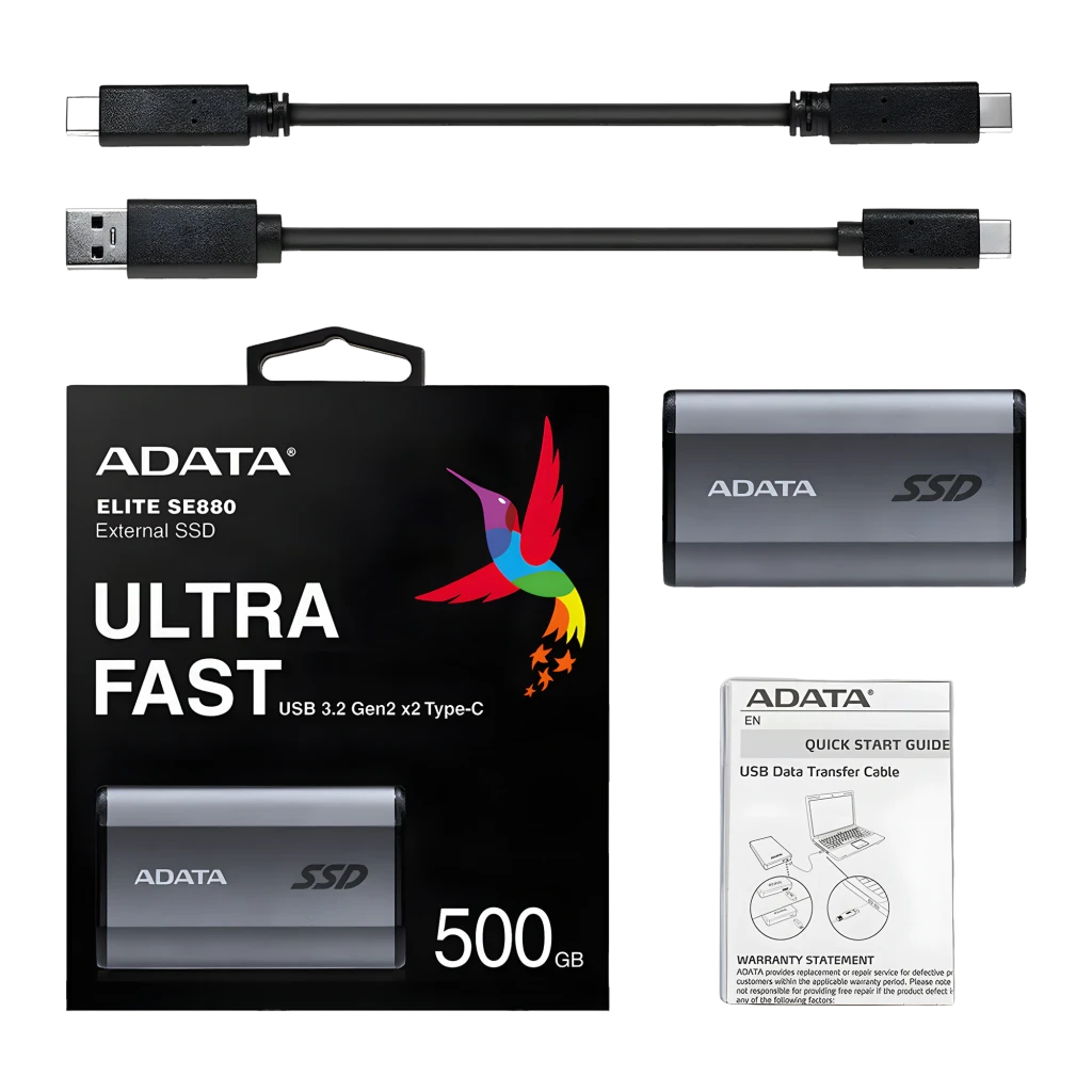 ADATA SE880 500GB gris, contenido de caja: SSD, caja retail, cables USB-C y USB-A, guía inicio rápido