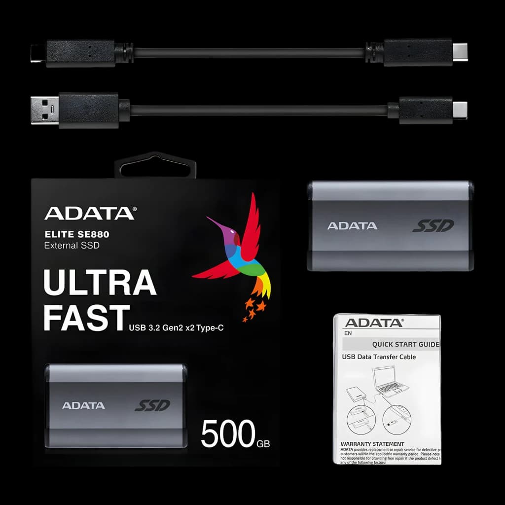 ADATA SE880 500GB gris, contenido de caja: SSD, caja retail, cables USB-C y USB-A, guía inicio rápido