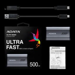 ADATA SE880 500GB gris, contenido de caja: SSD, caja retail, cables USB-C y USB-A, guía inicio rápido