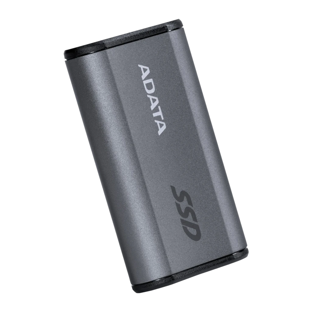 ADATA SE880 500GB gris, vista frontal en ángulo: carcasa metálica con logo ADATA y texto SSD grabado