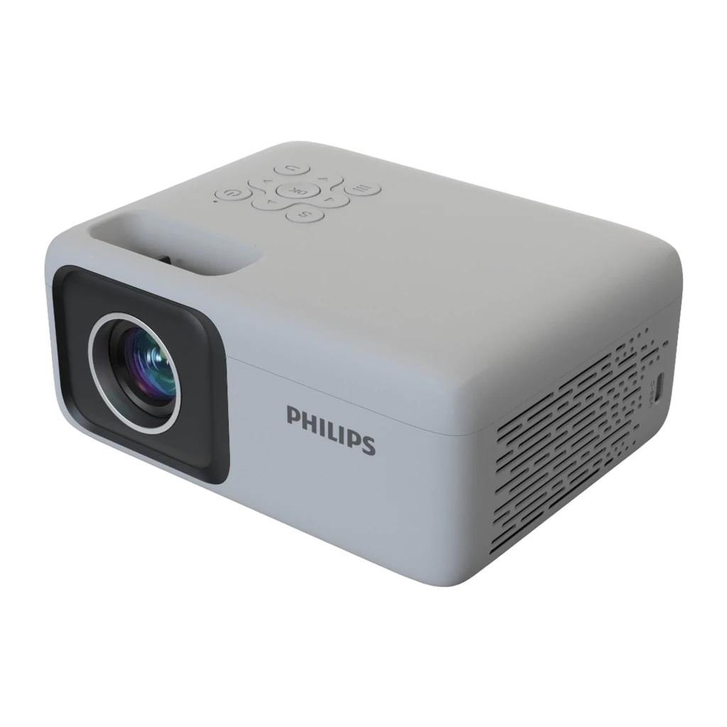 Philips NeoPix 106 projetor cinza, vista frontal: objetiva iluminada e logótipo Philips em fundo preto - Item1