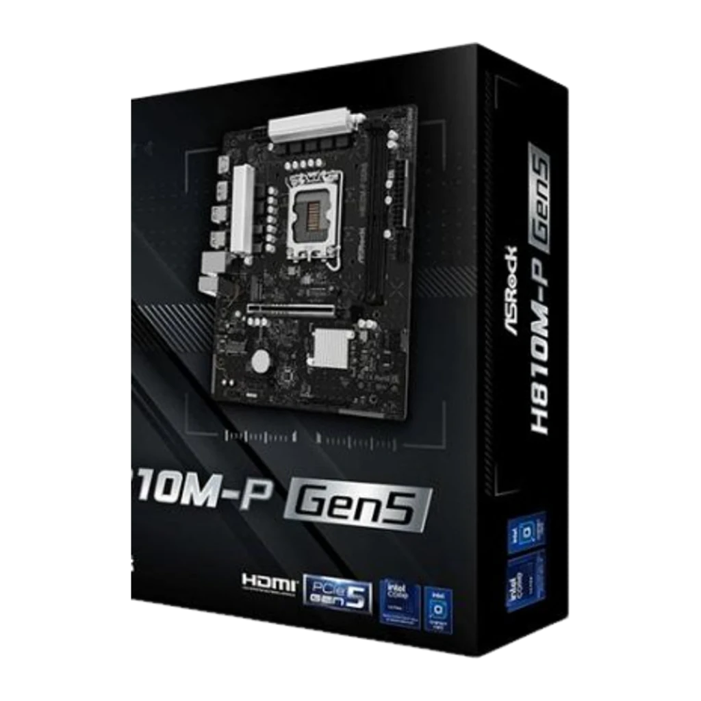 ASRock H810M-P Gen5 LGA1851 Micro-ATX, carte avec boîte: carte mère et emballage officiel sur fond sombre - Ítem3