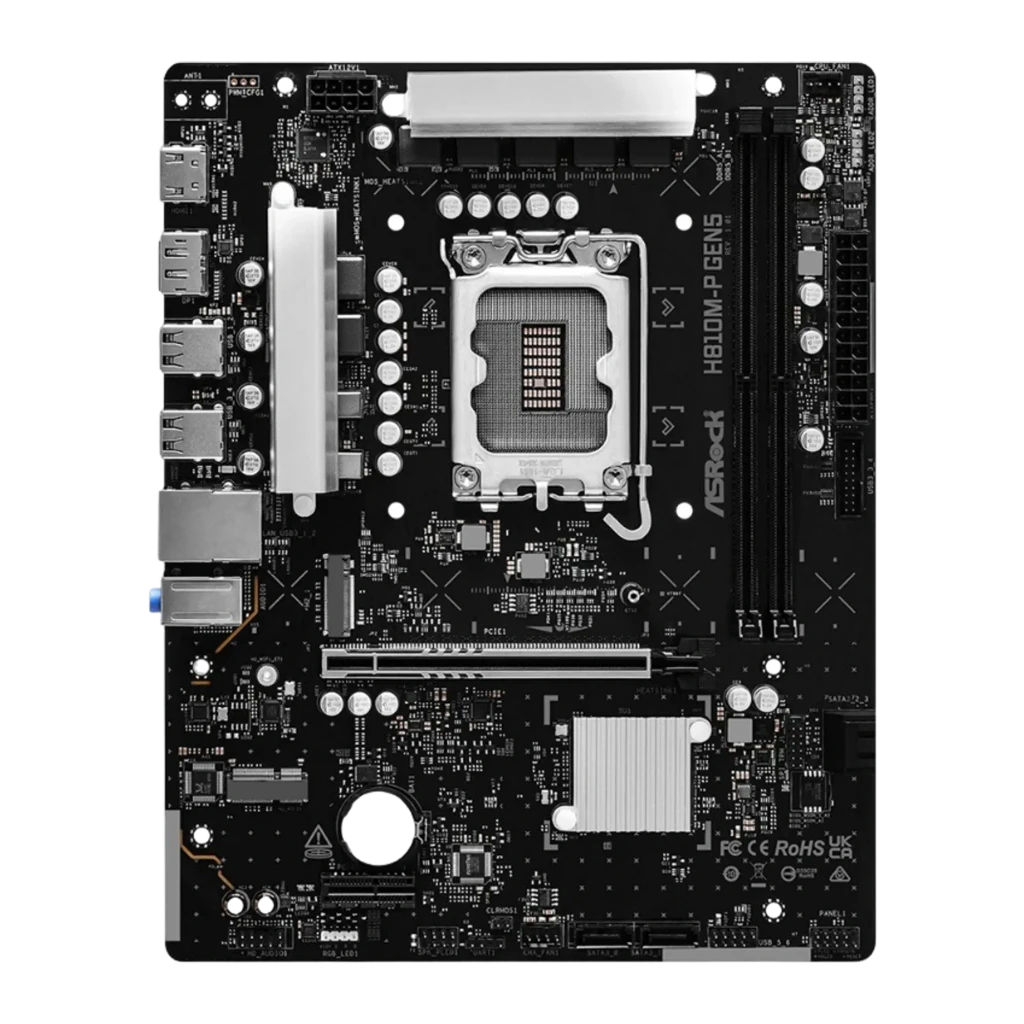 ASRock H810M-P Gen5 LGA1851 Micro-ATX, carte avec boîte: carte mère et emballage officiel sur fond sombre - Ítem1