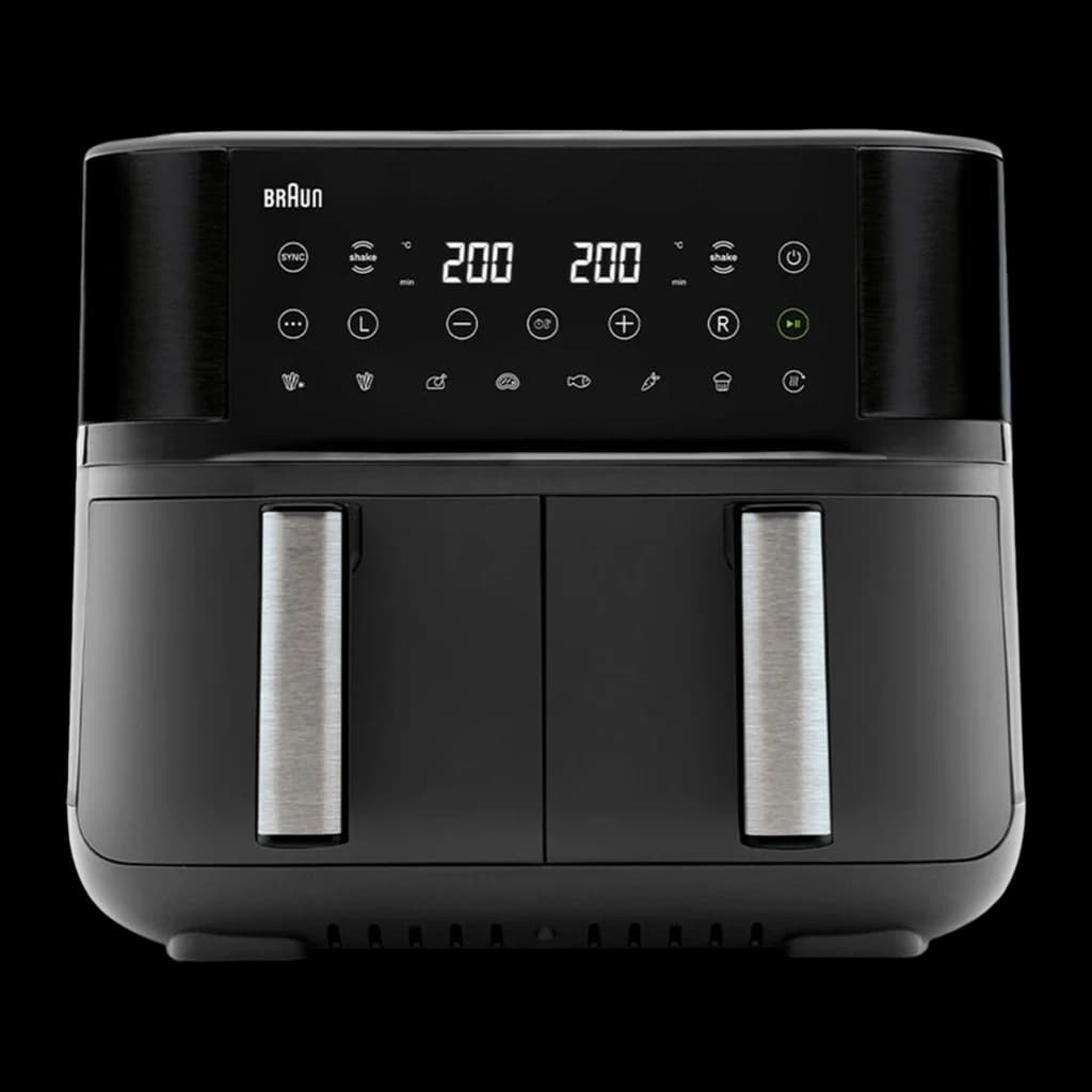 Braun Friteuse à air TwinCook TD 3030I BK 2x4 L noir, vue de face: panneau tactile double affichage 200°C et deux tiroirs