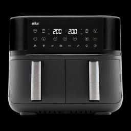 Braun Friteuse à air TwinCook TD 3030I BK 2x4 L noir, vue de face: panneau tactile double affichage 200°C et deux tiroirs