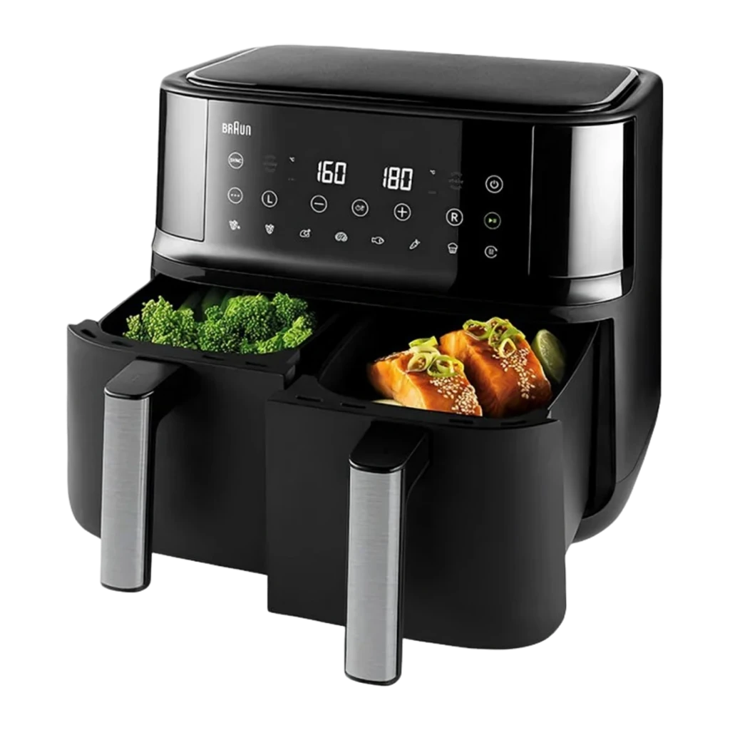 Braun Friteuse à air TwinCook TD 3030I BK 2x4 L noir, vue de face: panneau tactile double affichage 200°C et deux tiroirs - Ítem1