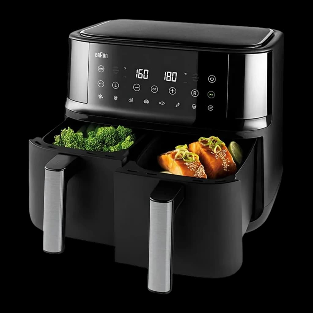 Braun Friteuse à air TwinCook TD 3030I BK 2x4 L noir, vue en angle: tiroirs ouverts avec brocoli et saumon en cuisson
