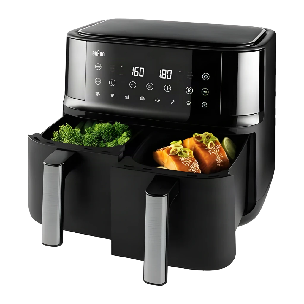 Braun Friteuse à air TwinCook TD 3030I BK 2x4 L noir, vue de face: panneau tactile double affichage 200°C et deux tiroirs - Ítem2