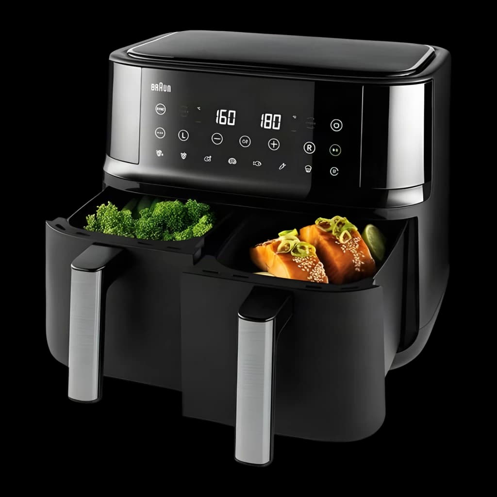 Braun TwinCook 3 TD 3030I BK 2x4L noir, vue avant: deux tiroirs ouverts avec brocoli et saumon, panneau tactile