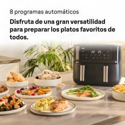 Braun TwinCook 3 TD 3030I BK 2x4L noir, scène cuisine: friteuse à air avec panneau digital entourée de plats variés sur plan