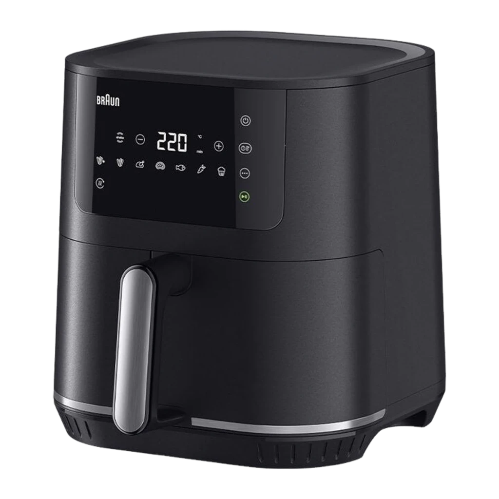 Braun Freidora de aire HF5030 6L 1700W negro, vista frontal: panel táctil digital con temperatura 220°C y asa plateada - Ítem1