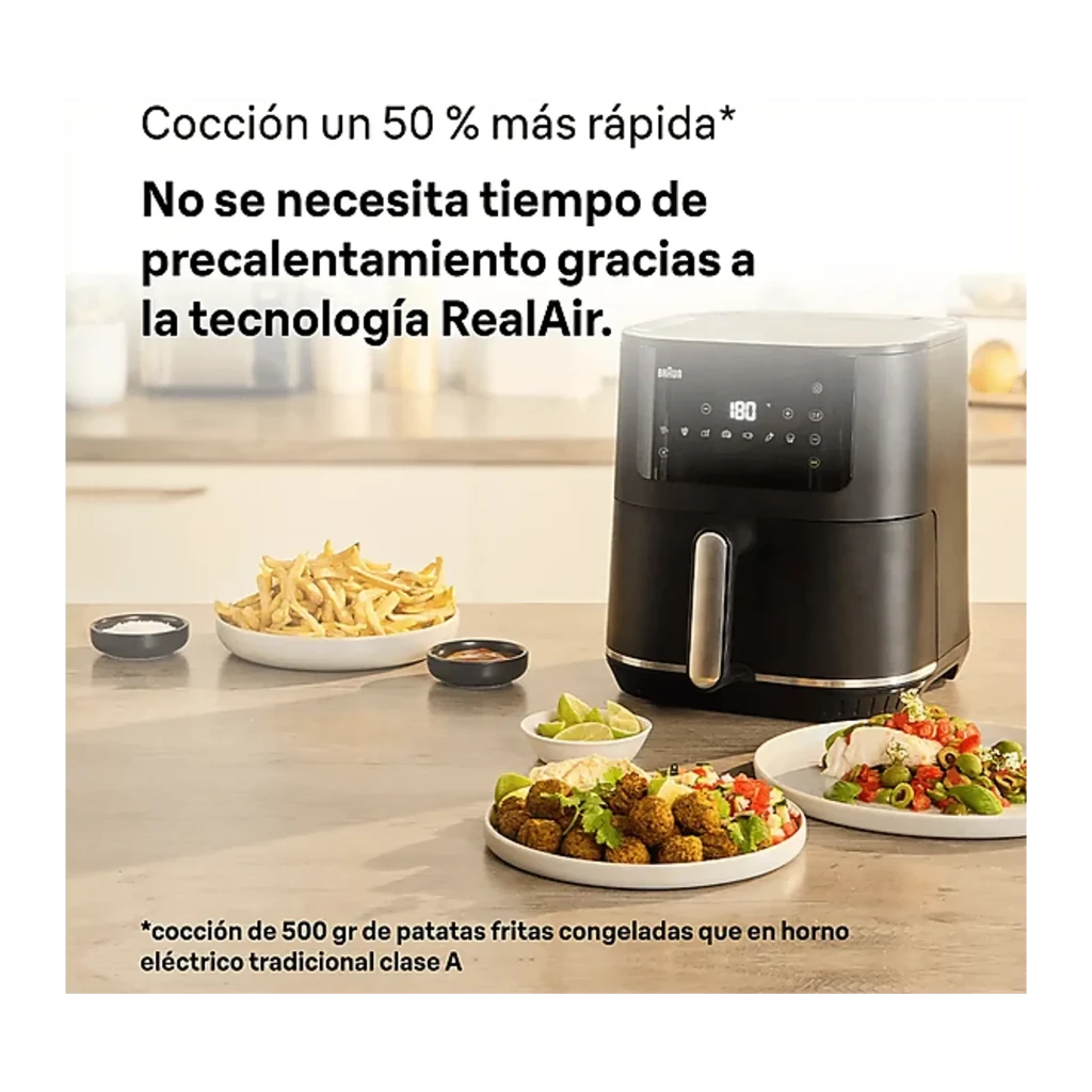 Braun Freidora de aire HF5030 6L 1700W negro, vista frontal: panel táctil digital con temperatura 220°C y asa plateada - Ítem3