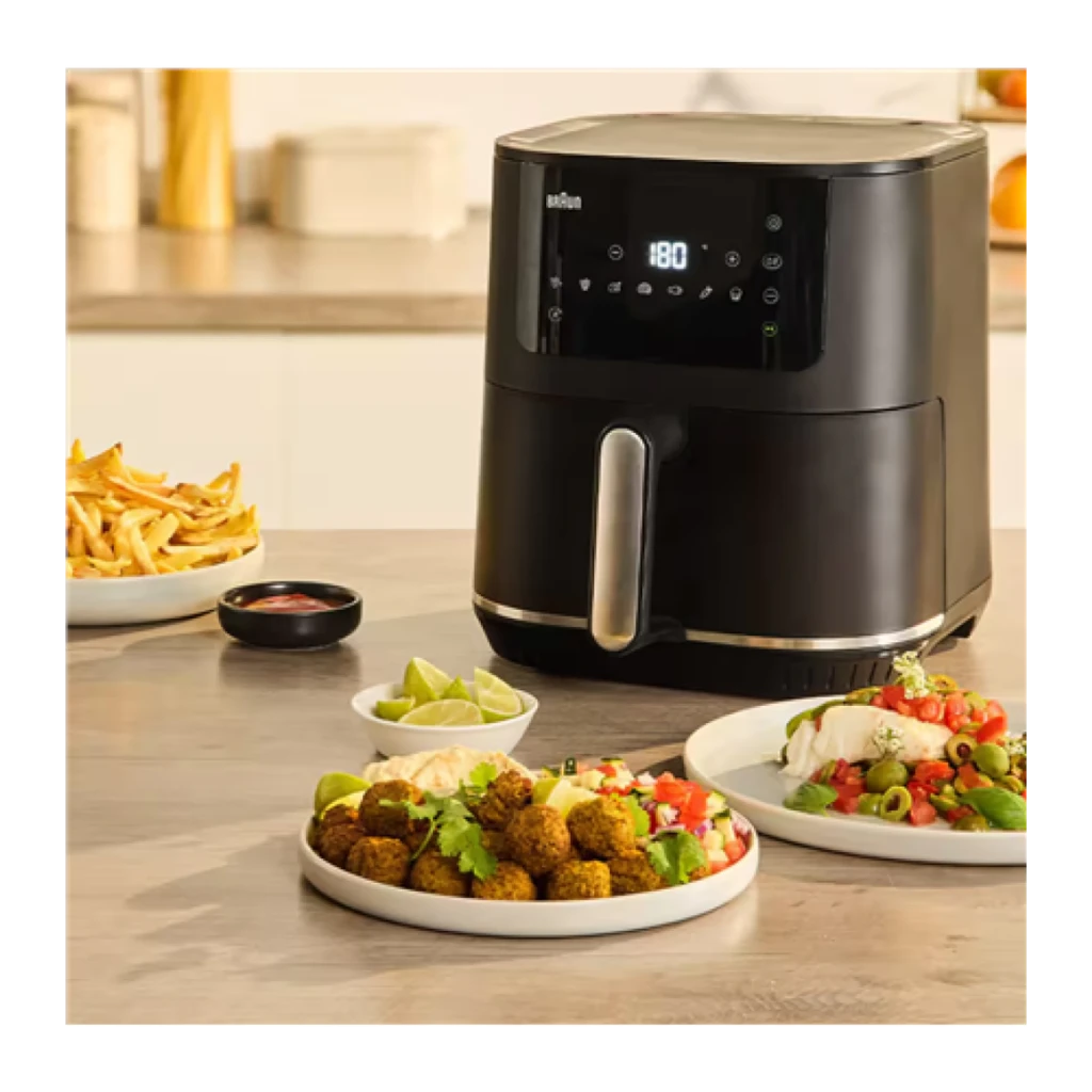 Braun Freidora de aire HF5030 6L 1700W negro, vista frontal: panel táctil digital con temperatura 220°C y asa plateada - Ítem6