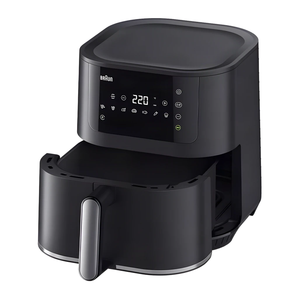 Braun Freidora de aire HF5030 6L 1700W negro, vista frontal: panel táctil digital con temperatura 220°C y asa plateada - Ítem2
