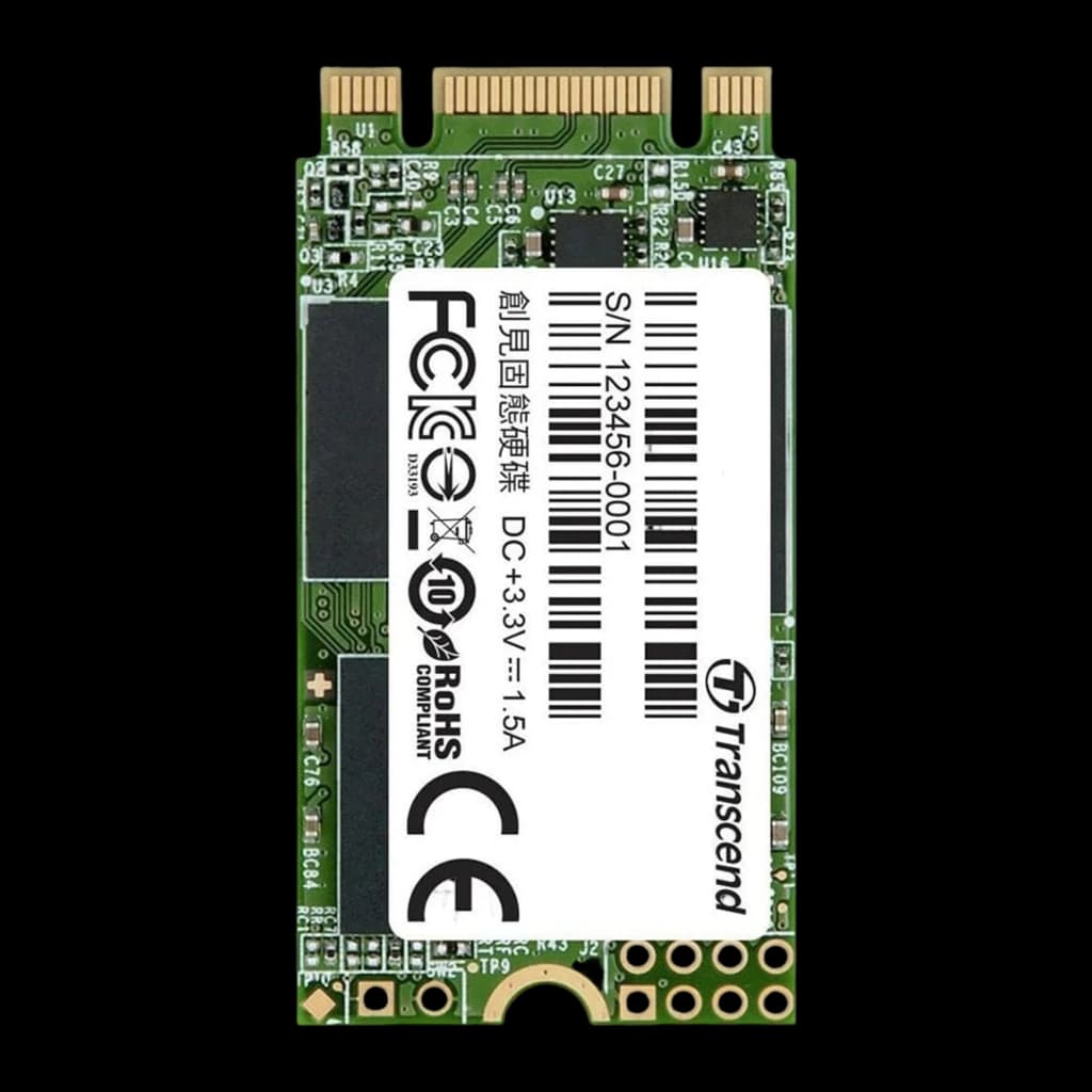 Transcend MTS420 120GB M.2, vista frontal com etiqueta: certificações FC CE RoHS e número de série visíveis