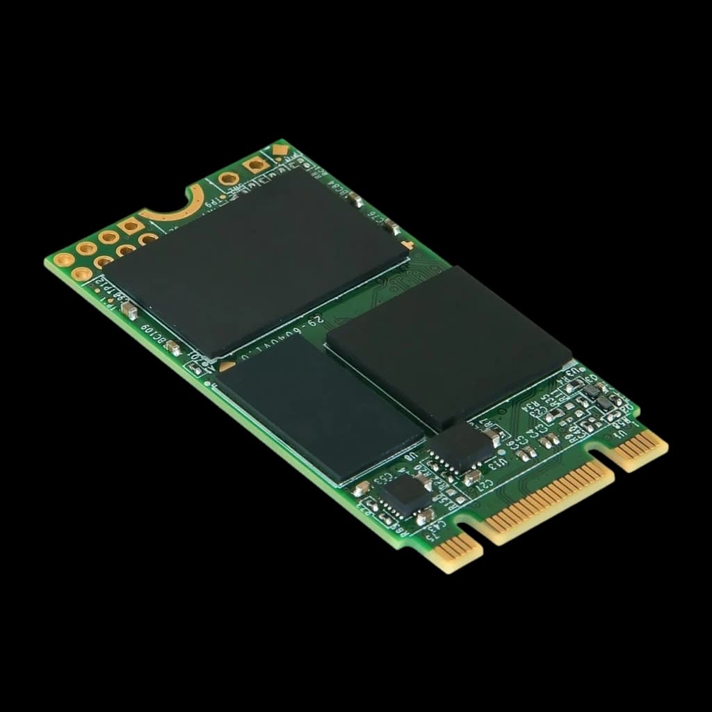 Transcend MTS420 120GB M.2, vista em perspectiva: ângulo isométrico mostrando PCB verde e chips NAND