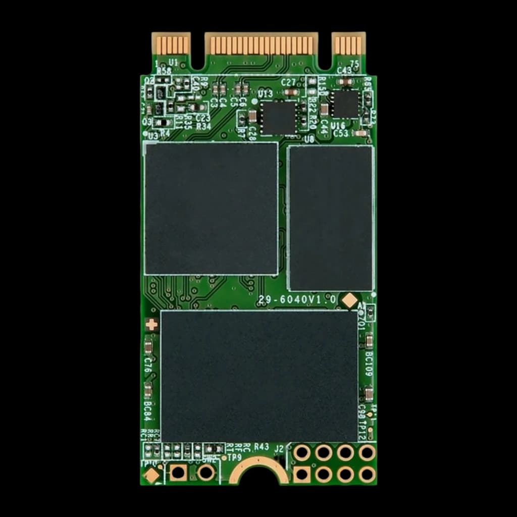 Transcend MTS420 120GB M.2, vista frontal: PCB verde com três chips NAND e conector dourado