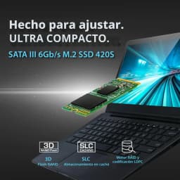Transcend MTS420 120GB M.2, infográfico: SSD flutuando sobre notebook com ícones 3D NAND, SLC e RAID