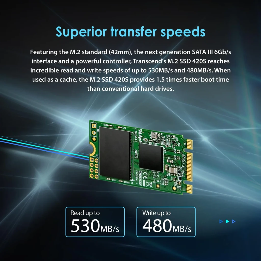Transcend MTS420 120GB M.2, vista frontal com etiqueta: certificações FC CE RoHS e número de série visíveis - Item4
