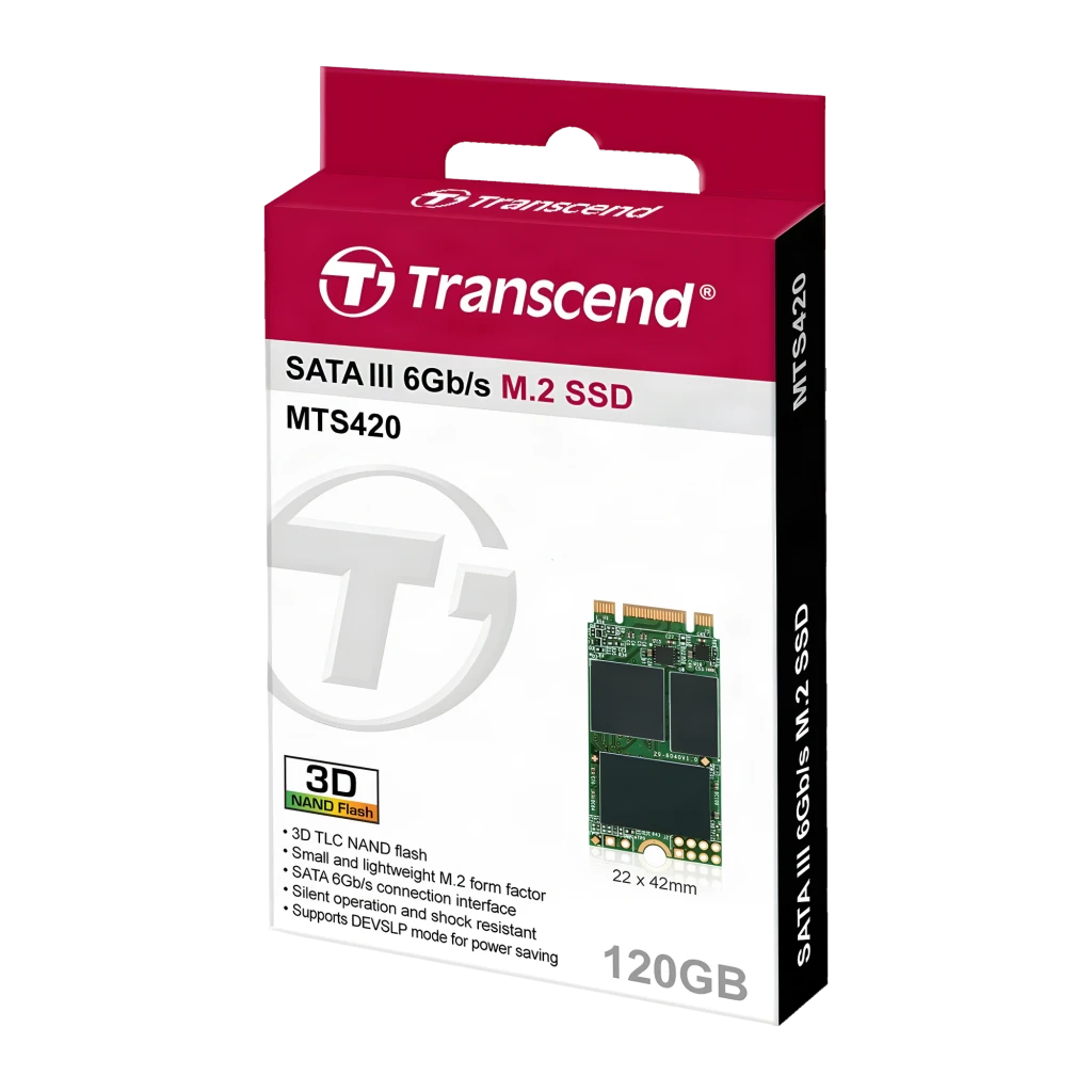 Transcend MTS420 120GB M.2, vista frontal com etiqueta: certificações FC CE RoHS e número de série visíveis - Item5