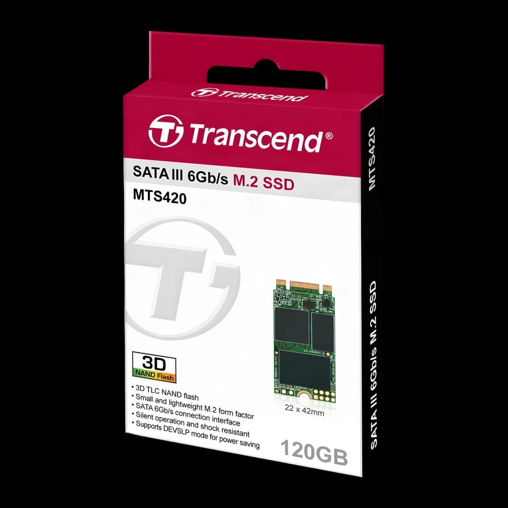 Transcend MTS420 120GB M.2 SSD, caixa: embalagem frontal vermelha e branca com unidade M.2 visível e especificações SATA III