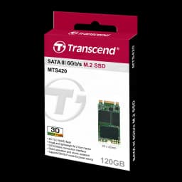 Transcend MTS420 120GB M.2 SSD, caixa: embalagem frontal vermelha e branca com unidade M.2 visível e especificações SATA III