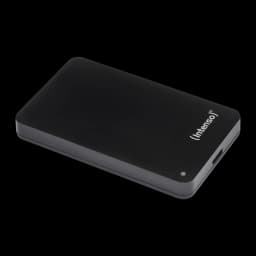 Intenso Disco Rígido Externo 2TB preto, vista em perspetiva: aresta lateral com porta USB-C, espessura compacta e base cinza