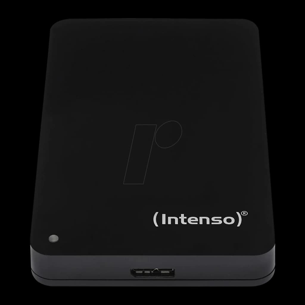 Intenso Disco Rígido Externo 2TB preto, vista frontal em ângulo: logo, porta USB-C inferior e LED indicador