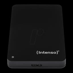 Intenso Disco Rígido Externo 2TB preto, vista frontal em ângulo: logo, porta USB-C inferior e LED indicador