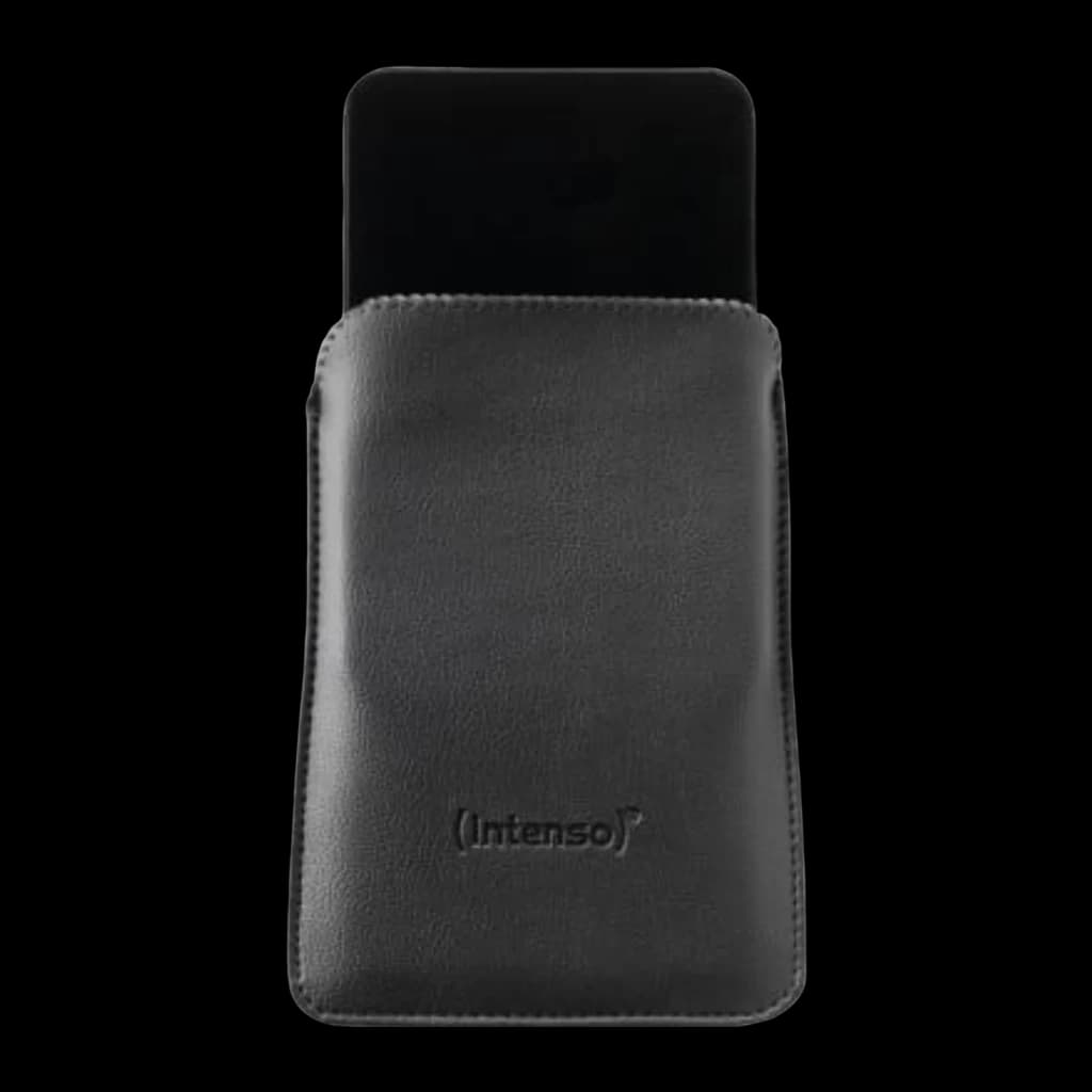 Intenso disco rígido externo portátil 2TB preto, capa: bolsa de couro preto com logo Intenso e disco visível no topo