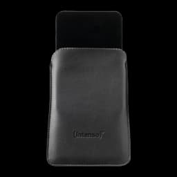 Intenso disco rígido externo portátil 2TB preto, capa: bolsa de couro preto com logo Intenso e disco visível no topo