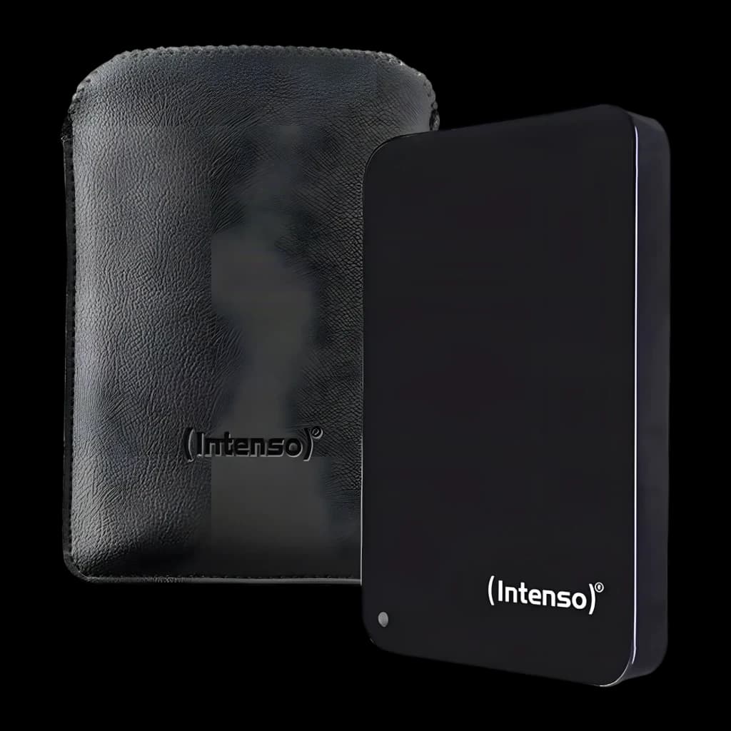 Intenso Memory Drive 2TB preto, vista frontal: disco rígido ao lado de bolsa de couro preta com logo Intenso